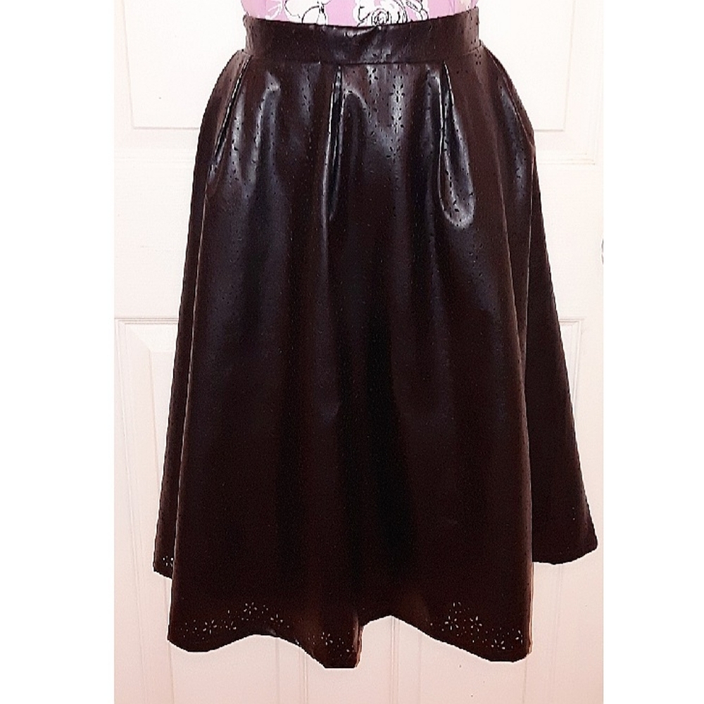 Black Floral Eyelet Faux Leather Skirt